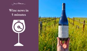 Bottle of Tablas Creek Muscardin held in hand above vineyard with tall grasses btw rows, and Wine news logo