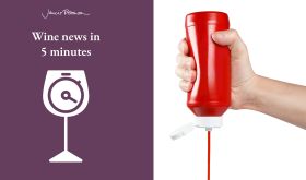 Kechup bottle being squeezed upside down and Wine News in 5 logo