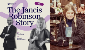 A montage of an image promoting the Jancis Robinson Story with a photo of Jancis Robinson at a ski resort in the 1970s