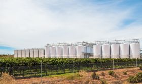 Australian wine tanks and grapevines