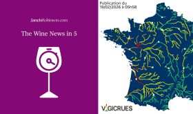 wine-news-in-5 logo and a Vigicrues map showine major flooding in France on 19/2/2026