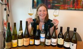 Samantha Cole-Johnson tasting a lineup of Pinot Gris wines