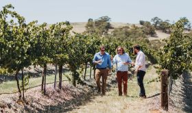 Tom Barry, Erni Loosen and Sam Barry in the Spring Farm vineyard, Clare Valley.
