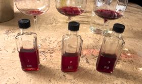 Three wine glasses and three miniature bottles, all containing small amounts of red wine