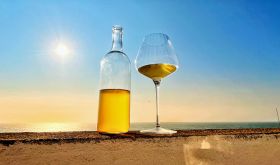 a bottle of wine by the sea
