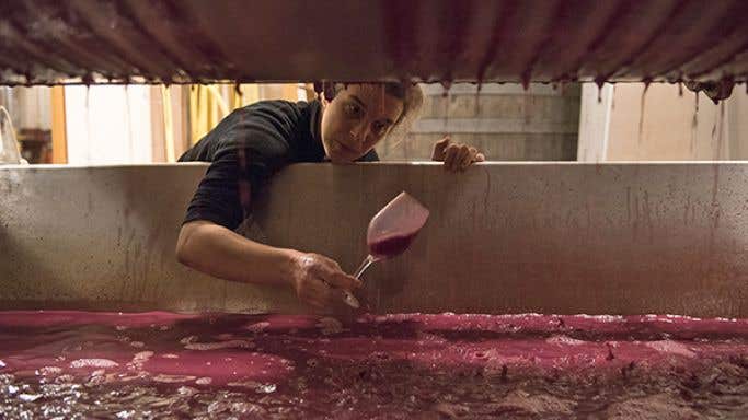 Anne Morey with cylindrical grape press
