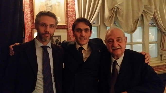 Mauro and Gianfranco Soldera being embraced by Luciano, the maître d’ at Harry’s Bar