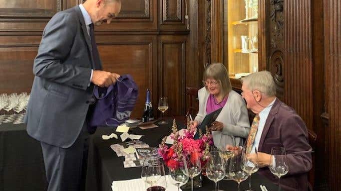 Laurent d'Harcourt of Pol Roger, Jancis Robinson and Hugh Johnson sign the 8th World Atlas of Wine