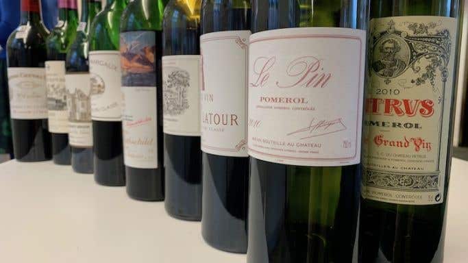 Bottles of 2010 first growths at BI Wines tasting end Jan 2020