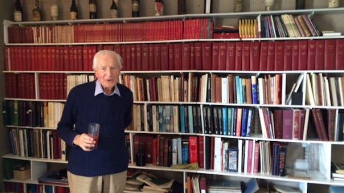 Michael Broadbent MW in his London study with tasting notebooks