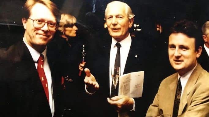 Jan Paulson, Serena Sutcliffe MW, Michael Broadbent and Stephen Browett at a Hardy Rodenstock tasting in the late 1980s