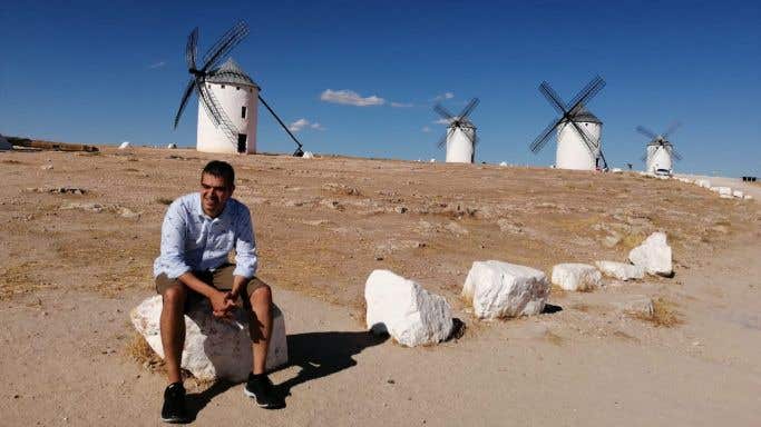 Ferran in La Mancha with windmills