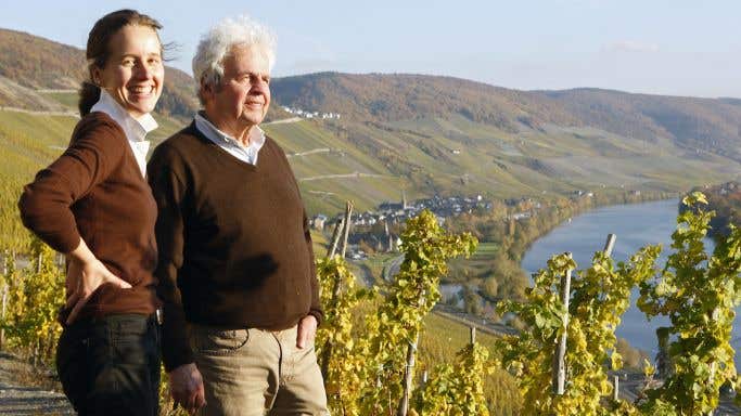 Dr Katharina and Dr Manfred Prum of J J Prum overlooking the Mosel