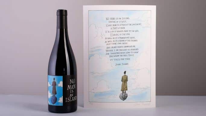 No Man is an Island wine bottle and artwork