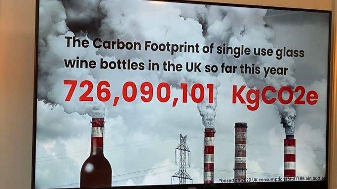 Glass bottle carbon emission graphic at IMW HQ