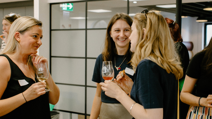 Hattie Hardy – Sales Support at Liberty Wines; Mina Frost – Editor at Liv-ex; and Maddy Evrington – Sogrape Brand Manager at Liberty Wines speak at an event for women in wine.