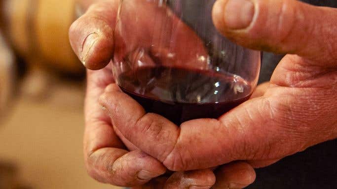 burgundy vigneron hands and glass by Jon Wyand