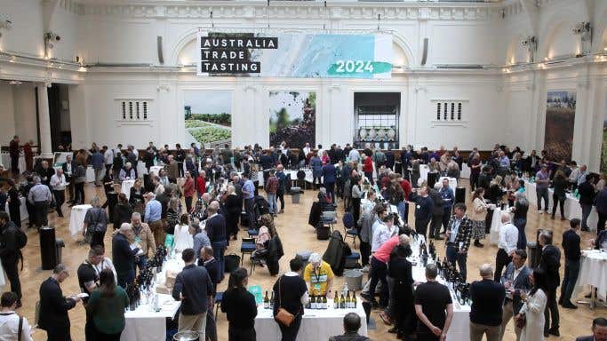 An aerial view of tables and people at the Australia trade tasting in London, January 2024