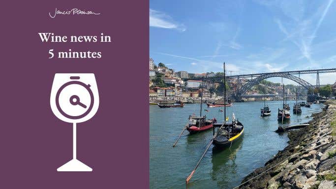 Wine News in 5 logo and photo of waterfront in Vila Nova de Gaia, Portugal