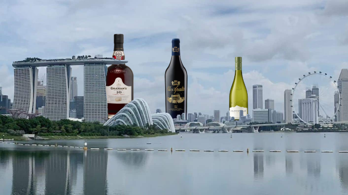 Signapore skyline with wine bottles