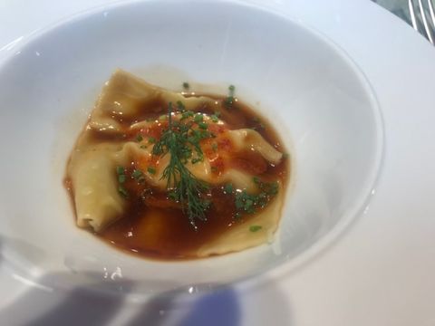 Seafood ravioli in a crayfish sauce at Granja Elena, Barcelona