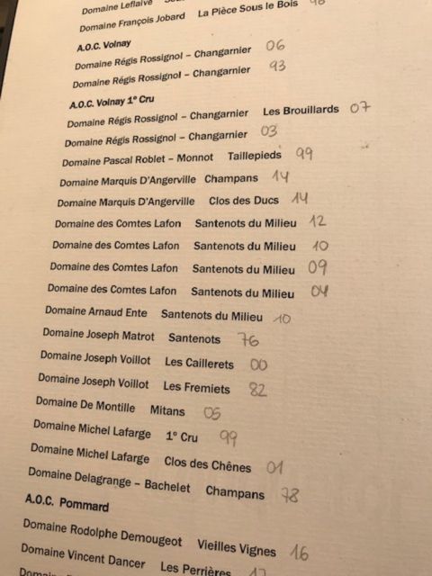 Volnay selection on the wine list at Villa Màs