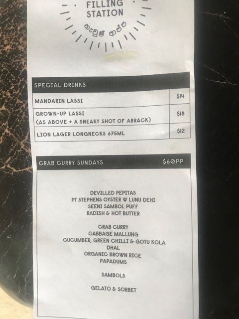 Crab curry menu at the Lankan Filling Station