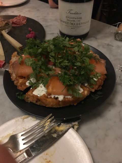 Potato waffle with smoked salmon at The Riddler champagne bar in San Francisco