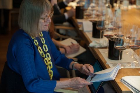 Jancis Robinson looking grim at the Carol Ferrini presentation in London