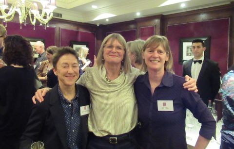 Julia Harding MW, Jancis Robinson MW and Gil Pitts celebrating win at Andre Simon Awards 2020 for the World Atlas of Wine, 8th edn