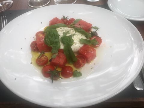 Burrata and tomatoes and flowers at Bianchi winery in Mendoza