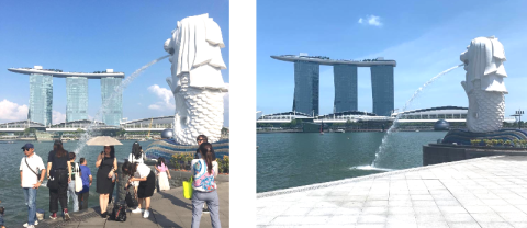 Two photos of the Singapore Merlion - one busy, one deserted