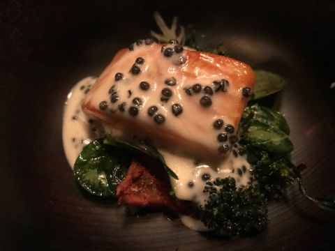 Cod and caviar on the plate at Single Thread restaurant, Healdsburg, Sonoma, California