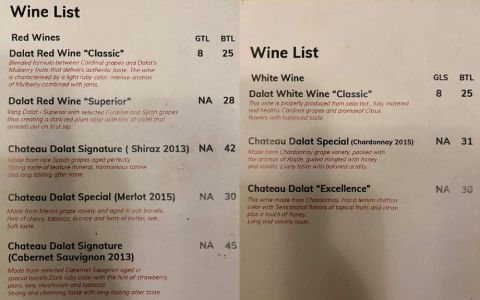 Wine List for Moc Quan Vietnamese restaurant