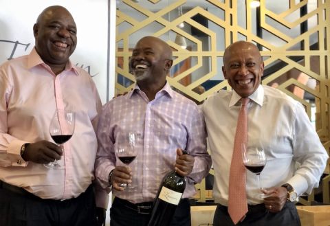 L-R: Epicurean Wines proprietors, Mbhazima Shilowa, Moss Ngoasheng, Mutle Mogase