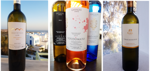 Different colours of Santorini wine bottles