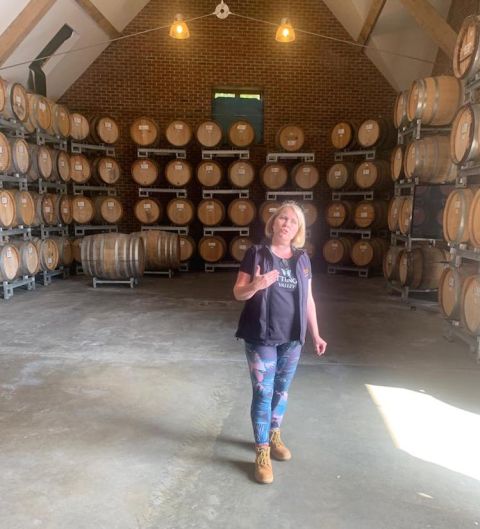 Emma Rice with barrels at Hattingley Valley winery in Hampshire