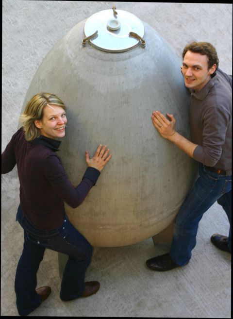 Angela and Werner Michlits with one of their cement eggs