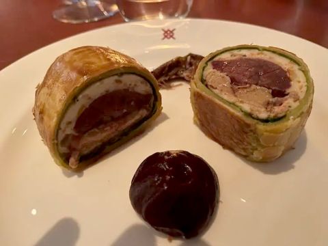 pigeons in Pimlico, duck liver, bacon and red cabbage at Mount Street Restaurant