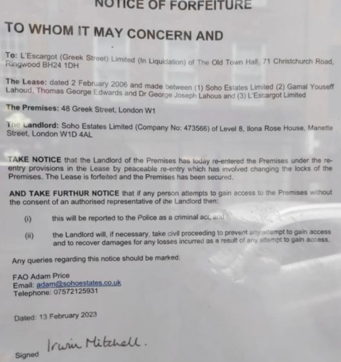 Escargot's Notice of Forfeiture