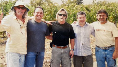Alan York, Luis Eduardo Moraes (Brazilian importer), Mike Benziger, and Ariel Pérez (Chilean Sommelier), visit Alvaro Espinoza at Antiyal in 2005. Photo courtesy Marina Ashton of Antiyal