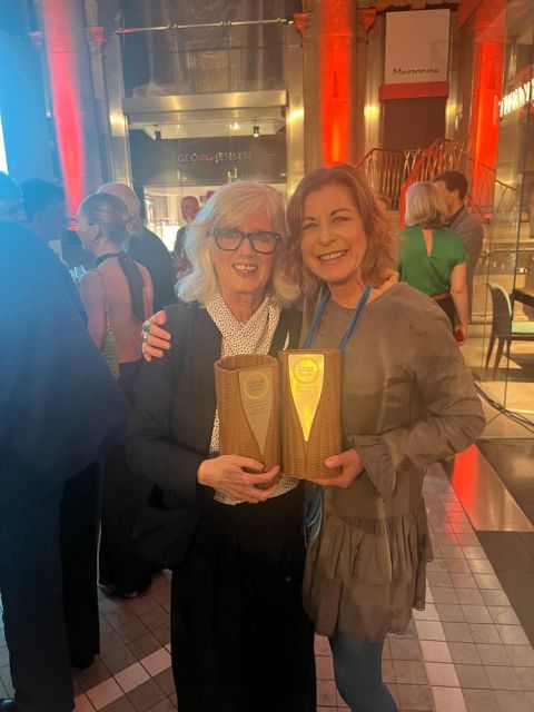 Katie Lander and Tamlyn Currin with their Fortnum awards