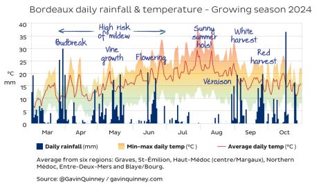 Bordeaux rainfall and temperature 2024
