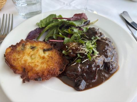 Ognisko spiced chicken livers with dried cherries and potato pancake