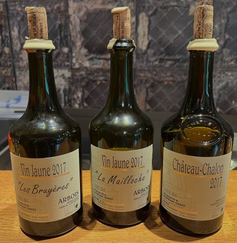 uncorked bottles of Stephane Tissot Vin Jaune 2017; photo by Wink Lorch