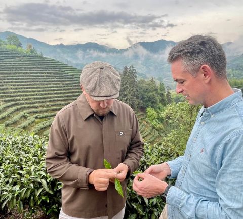 Kocemba and Hansen selecting tea in Darjeeling