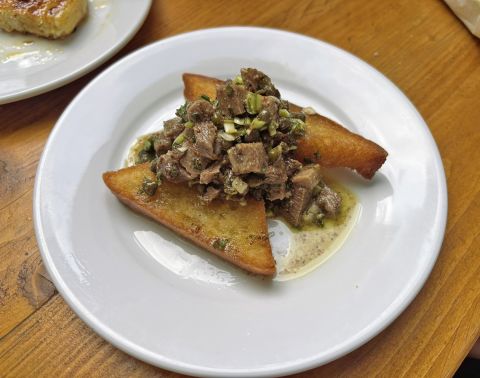 ox tongue capers and fried slice at Rake