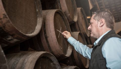 Capitaz Sergio Martínez marking barrels of sherry to determine what sort of sherry they will become