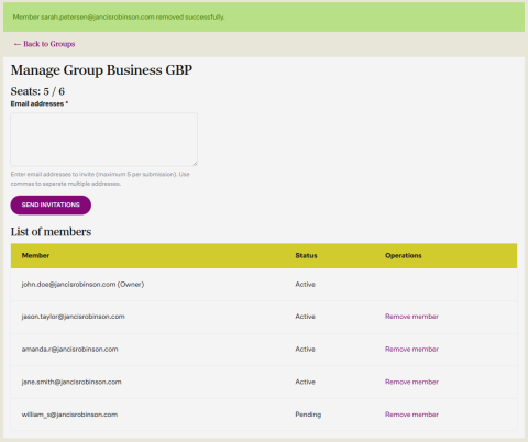 Group membership management screen showing how to remove a member