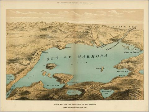 1878 map of the Sea of Marmara region, when Istanbul was still called Constantinople and Tekirdağ was called under its Hungarian name Rodostó.